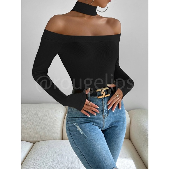 Black Off Shoulder Slim Fit Shirt Top Long Sleeve Mock Neck - Picture 4 of 7